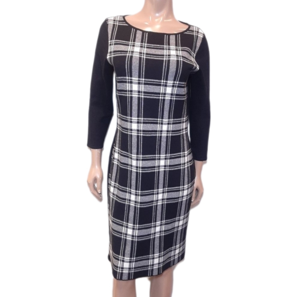 Chaps Plaid Sweater Dress Black 3/4 Sleeve Sheath Winter Stretch Womens Large